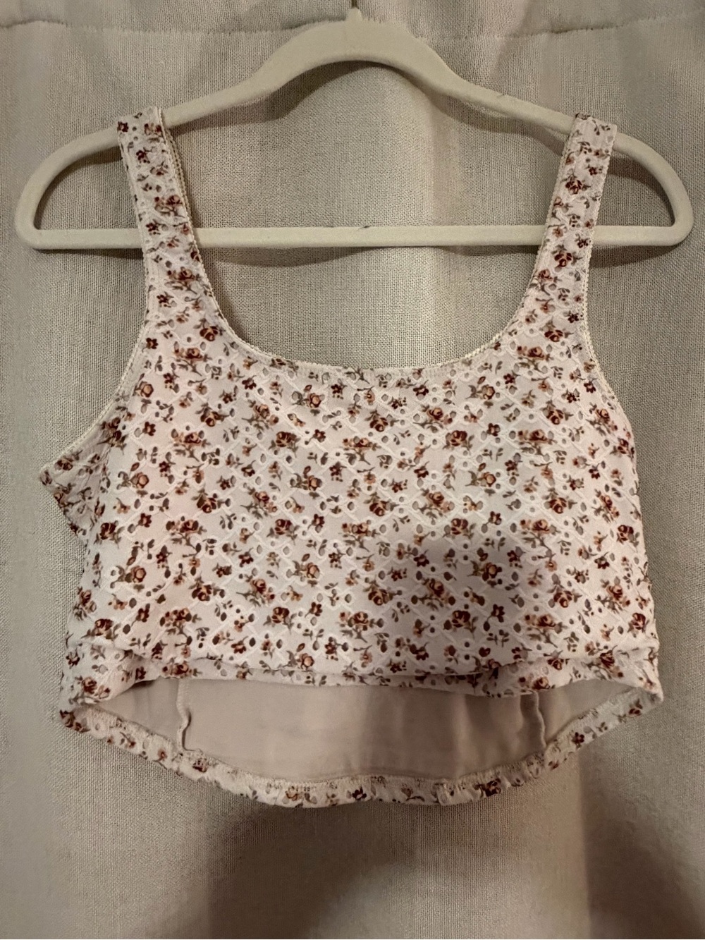 Floral Scoop Neck Crop Tank Top - Cream/Brown